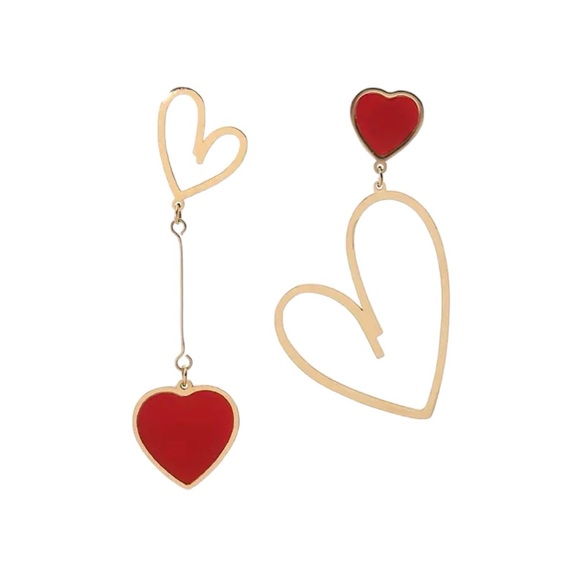 CC and Me Boutique Jewelry - Heart Shaped Red & Gold Linear Earrings Asymmetrical Statement Valentinecore